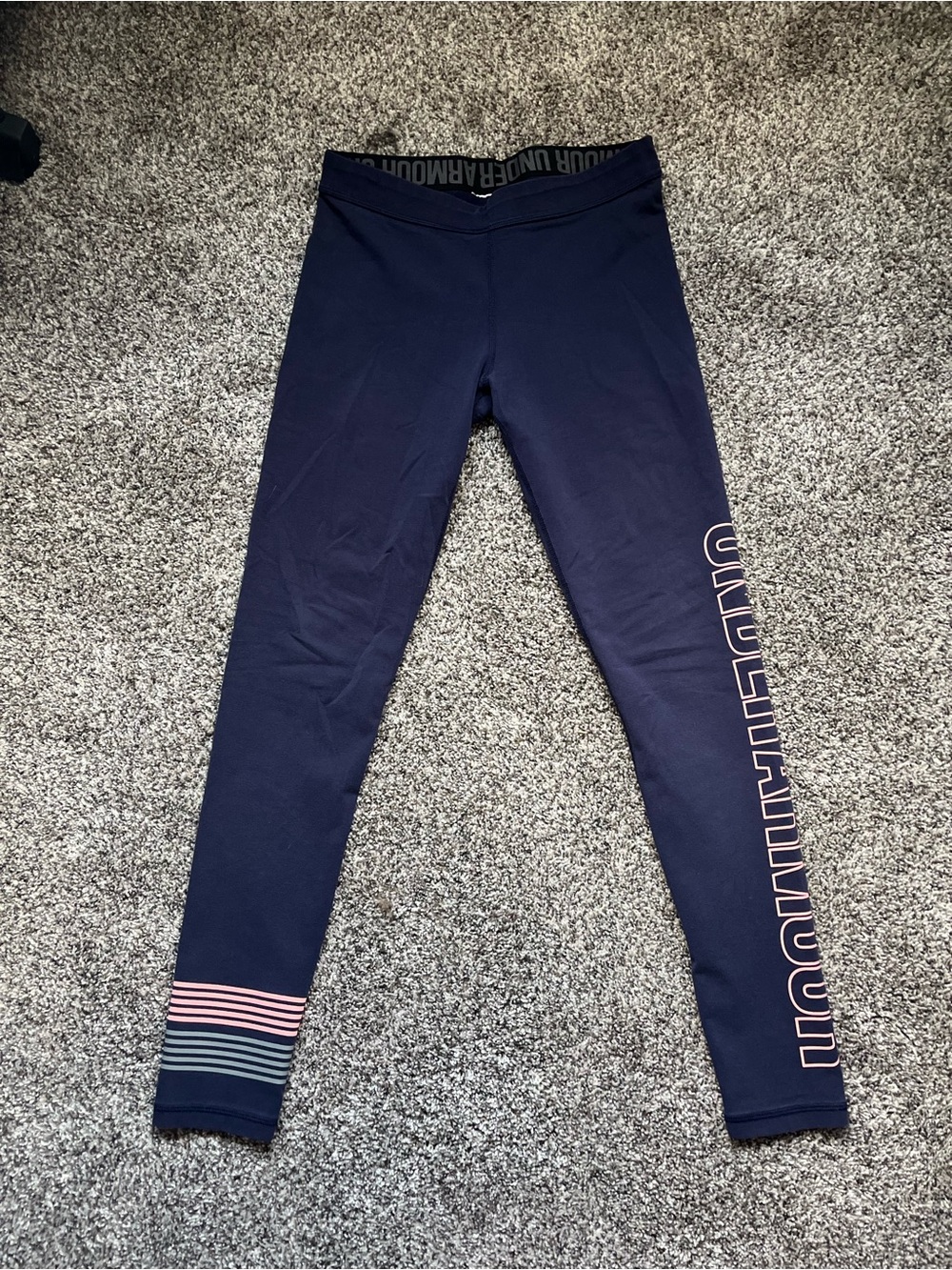 Under Armour Navy Girls' Leggings with Pink & Light Blue Stripes
